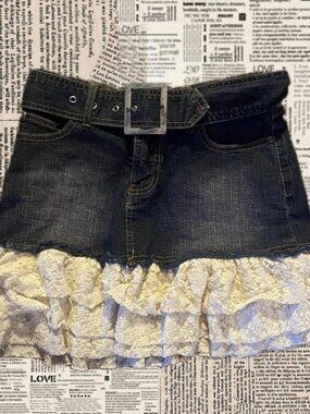Vintage Jean Skirt With off white Lace And Ruffles |Archive/discontinued Brand|